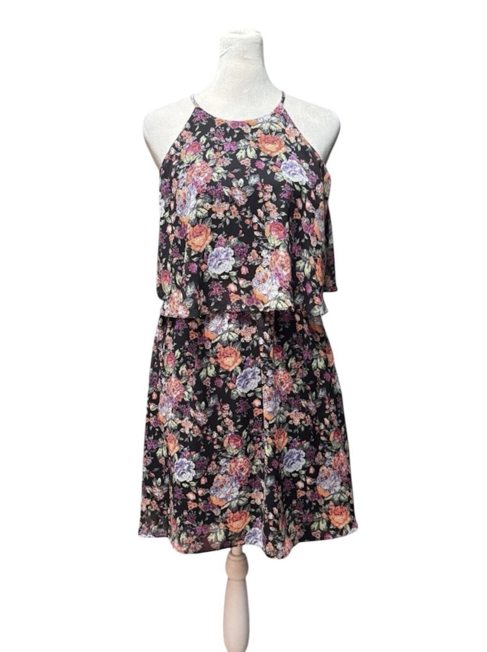 Aqua Floral Chiffon Dress Garden Party Halter Layered Romantic Cottagecore Sz XS